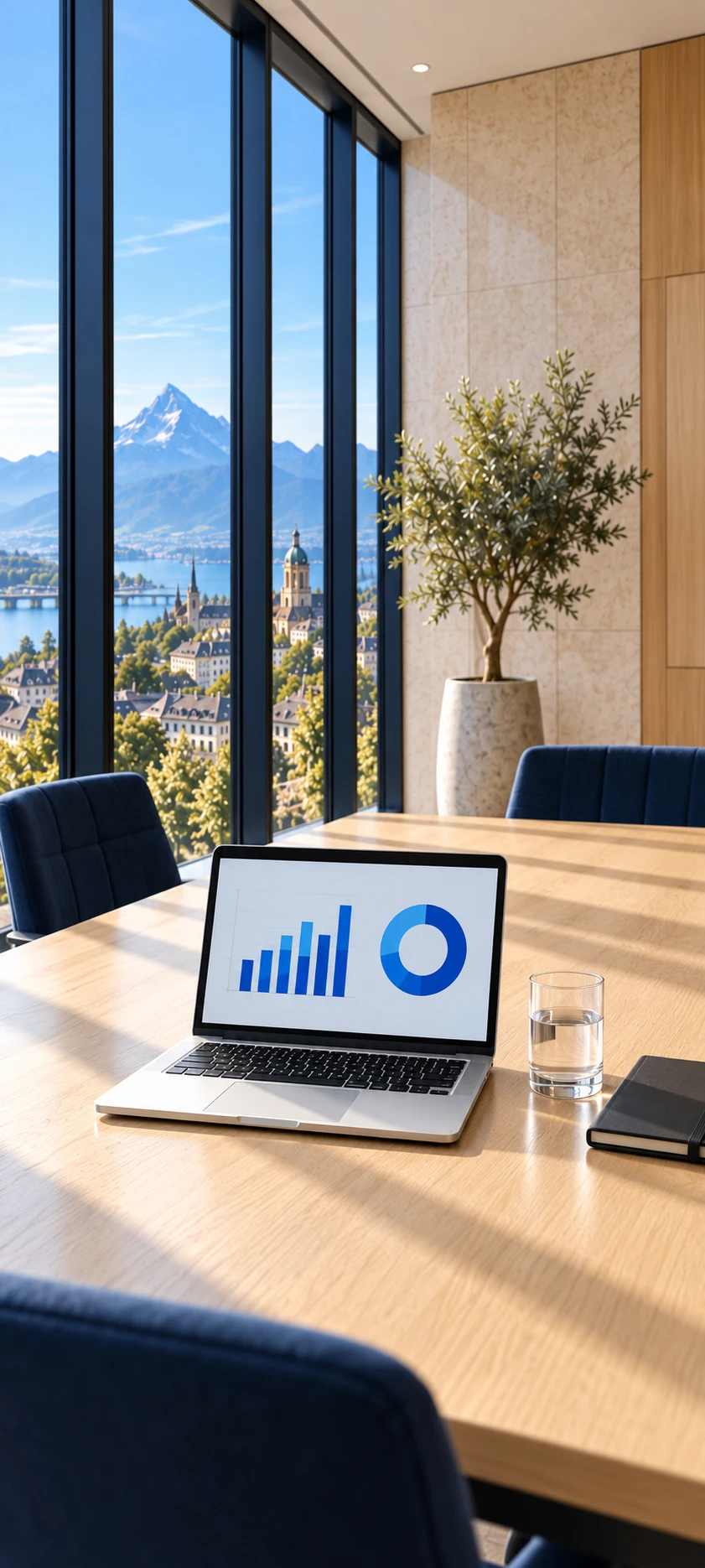 Notebook com gráficos de desempenho sobre uma mesa de reunião