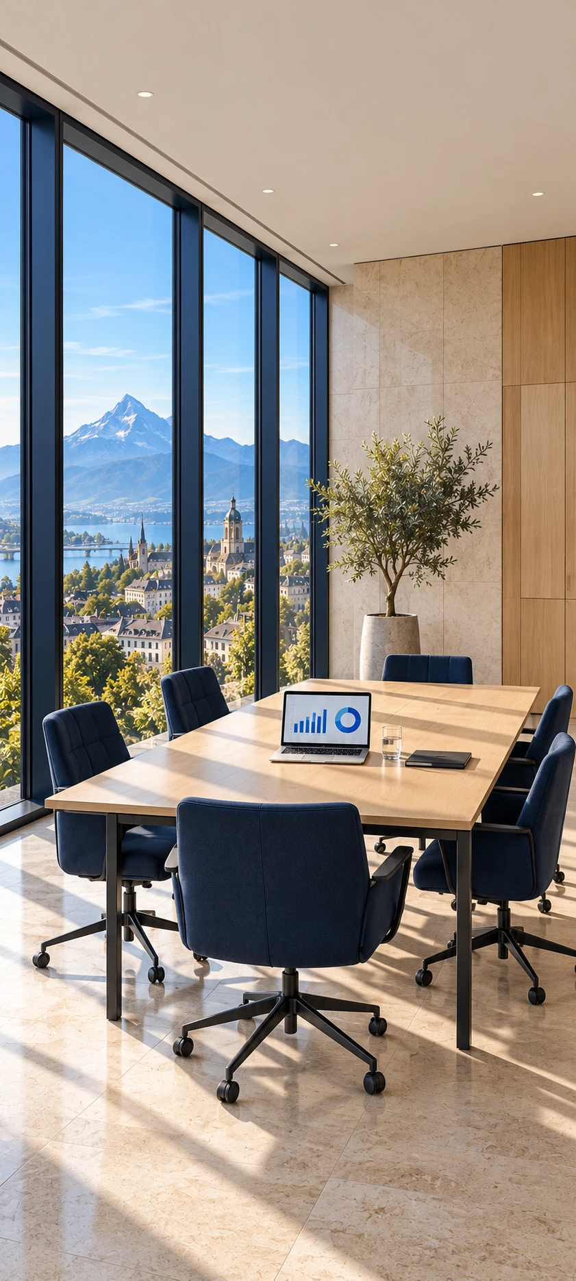 Sala de reunião com notebook e vista para as montanhas